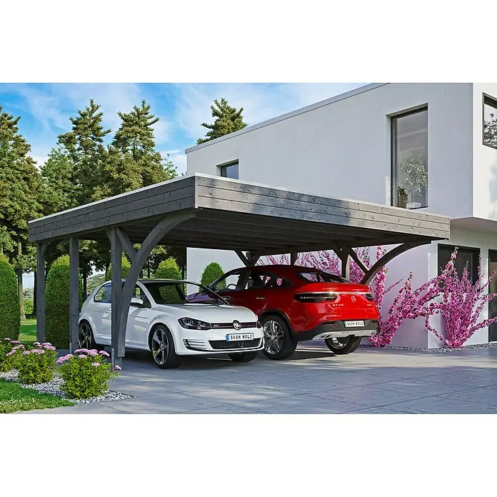 Skan Holz Doppelcarport Friesland - B x T: 557 x 555 cm, Einfahrtshöhe: 221 cm, Schiefergrau, Aluminium-Dachplatten - Stimmungsaufnahme
