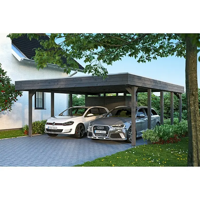 Skan Holz Doppelcarport Friesland - B x T: 557 x 555 cm, Einfahrtshöhe: 221 cm, Schiefergrau, Aluminium-Dachplatten - Stimmungsaufnahme