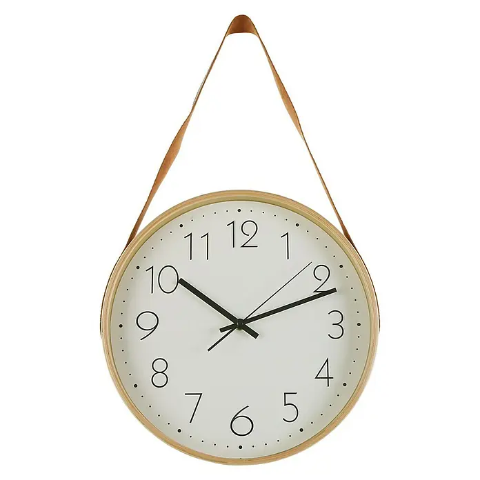 Reloj de pared redondo Natural con correa polipiel - Blanco/Madera, Diámetro: 31 cm - Vista frontal