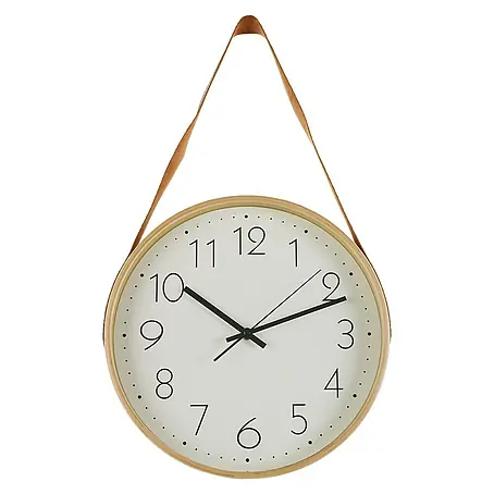 Reloj de pared redondo Natural con correa polipiel