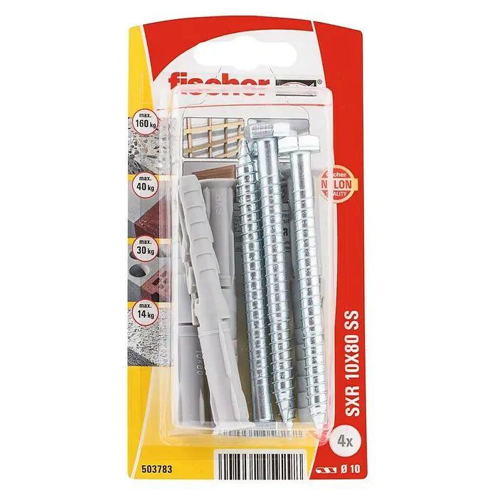 Fischer Taco largo SXR-SS - Longitud taco: 80 mm, Diámetro taco: 10 mm, Con tornillos, 4 uds. - Vista superior