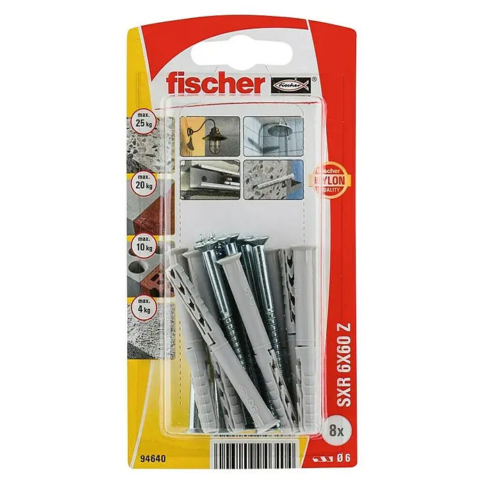 Fischer Taco largo SXR-Z - Longitud taco: 60 mm, Diámetro taco: 6 mm, Con tornillos, 8 uds. - Vista superior