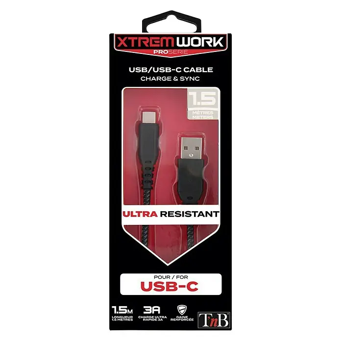 T'nB Cable de carga USB - Negro, 1,5 m, Clavija USB C - Vista frontal
