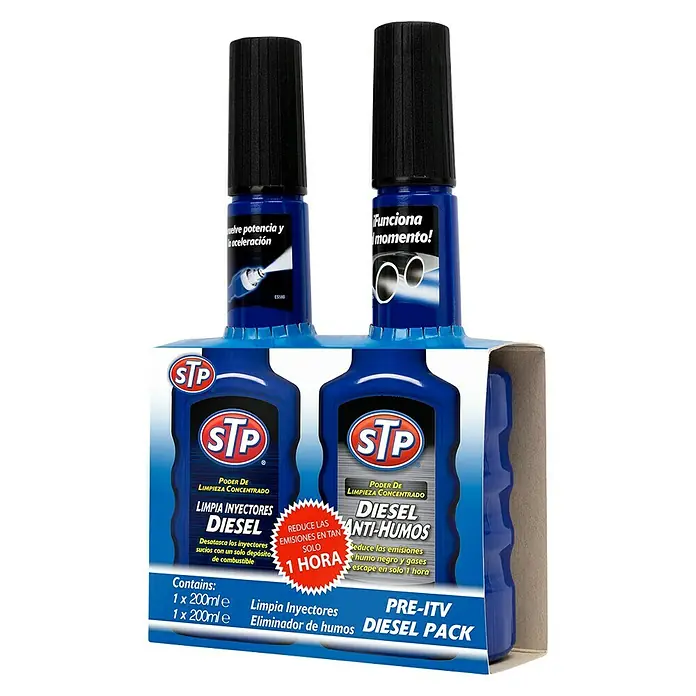 STP Limpiador de inyectores de diésel antihumos PRE ITV - 400 ml - Vista angular