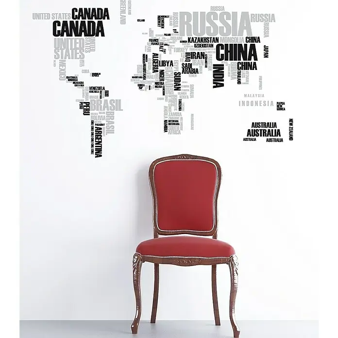 Vinilo de pared Mapa mundi nombres - Mapa del mundo, 68 x 48 cm - Foto ambiente
