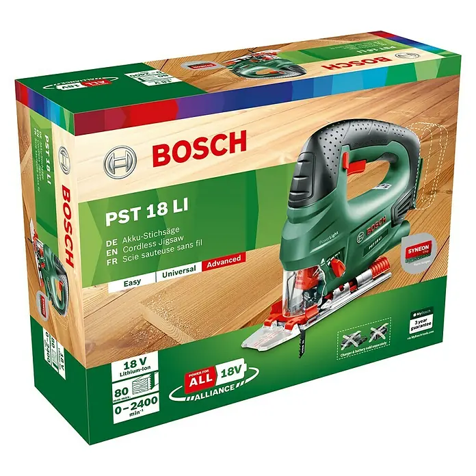 Bosch 18 V Power for All Akku-Stichsäge PST 18 LI - 18 V, Li-Ionen, Ohne Akku, Leerlaufhubzahl: 0 - 2.400 Hübe/min - Diagonale Ansicht