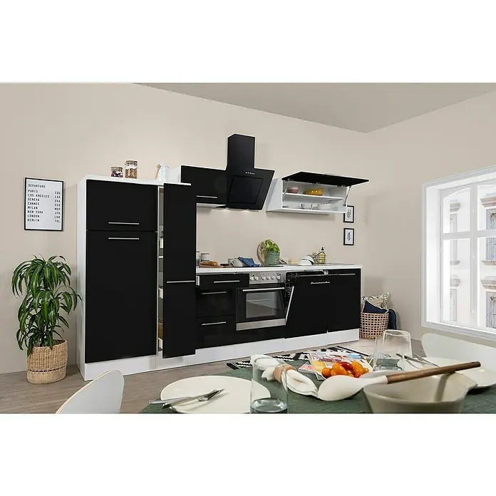 Respekta Premium Küchenzeile RP310WSCBO - Breite: 310 cm, Mit Elektrogeräten, Schwarz Hochglanz - Stimmungsaufnahme