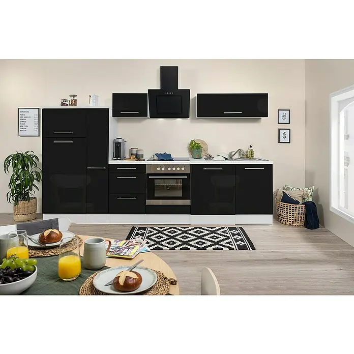 Respekta Premium Küchenzeile RP310WSCBO - Breite: 310 cm, Mit Elektrogeräten, Schwarz Hochglanz - Stimmungsaufnahme