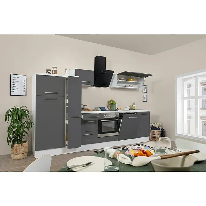 Respekta Premium Küchenzeile RP310WGCBO - Breite: 310 cm, Mit Elektrogeräten, Grau Hochglanz - Stimmungsaufnahme