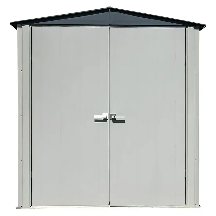 Spacemaker Geräteschrank 6x3 - Außenbreite inkl. Dachüberstand: 191 cm, Außentiefe inkl. Dachüberstand: 100 cm, Stahl, Lichtgrau - Vorderansicht