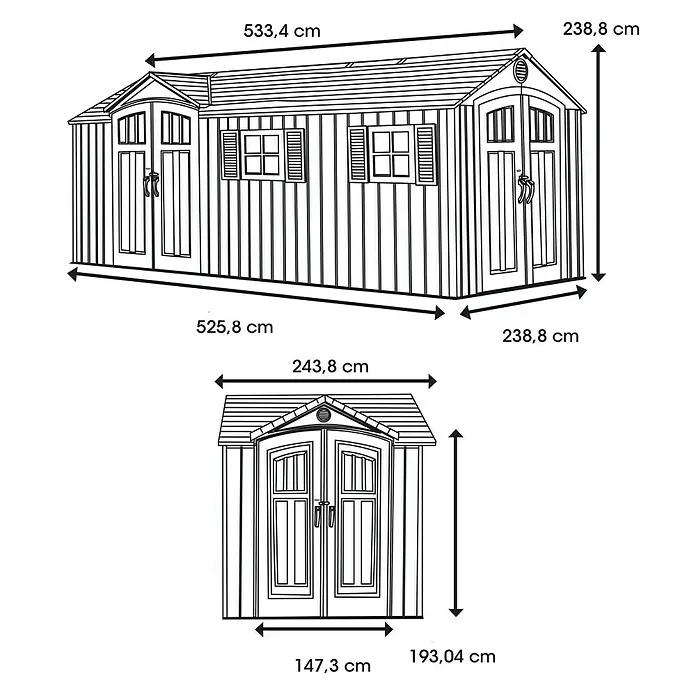 Lifetime Gerätehaus Chateau - 244 cm, 533 cm, Kunststoff, Lichtgrau - Skizze