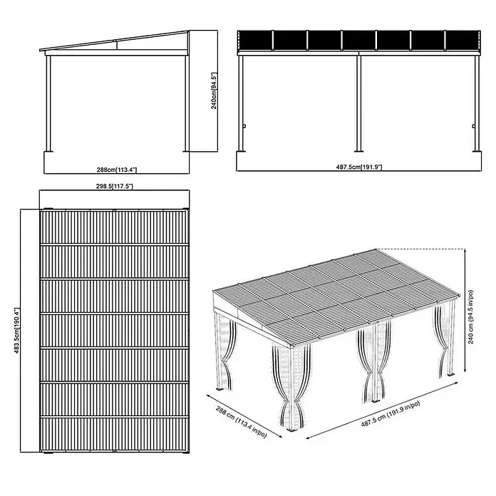 Sojag Terrassenüberdachung Portland 10x16 - L x B x H: 288 x 488 x 240 cm, Anthrazit - Skizze