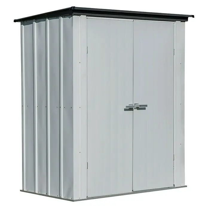 Spacemaker Geräteschrank 5x3 - Außenbreite inkl. Dachüberstand: 172 cm, Außentiefe inkl. Dachüberstand: 100 cm, Stahl, Lichtgrau - Diagonale Ansicht