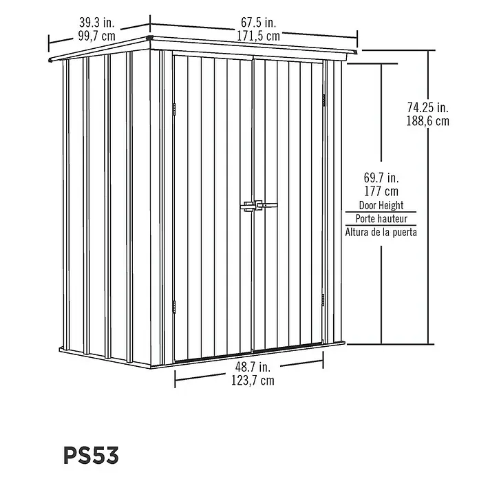 Spacemaker Geräteschrank 5x3 - Außenbreite inkl. Dachüberstand: 172 cm, Außentiefe inkl. Dachüberstand: 100 cm, Stahl, Lichtgrau - Skizze
