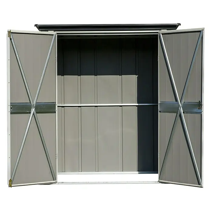 Spacemaker Geräteschrank 5x3 - Außenbreite inkl. Dachüberstand: 172 cm, Außentiefe inkl. Dachüberstand: 100 cm, Stahl, Lichtgrau - Vorderansicht