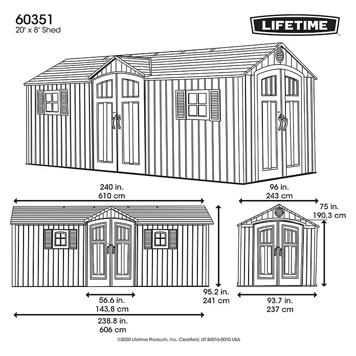 Lifetime Gerätehaus Neptun - 243 cm, 610 cm, Kunststoff, Dunkelgrau - Skizze