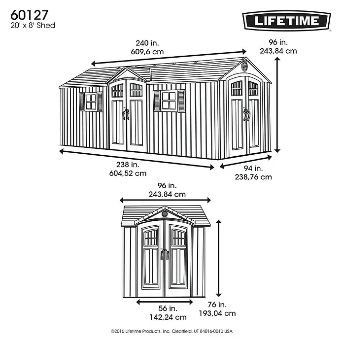 Lifetime Gerätehaus Makro - 244 cm, 605 cm, Kunststoff, Lichtgrau - Skizze