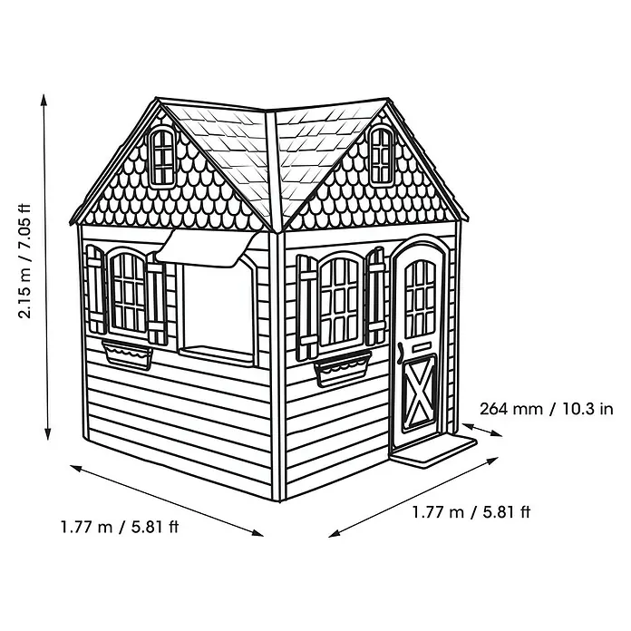 Lifetime Spielhaus Flipper - 186 x 186 x 215 cm, HDPE-Kunststoff, Lichtgrau - Skizze