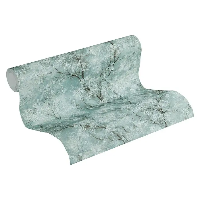 AS Creation New Walls Vliesbehang Bomen - Blauw/Groen, Gebloemd, 10,05 x 0,53 m - Diagonaal zicht
