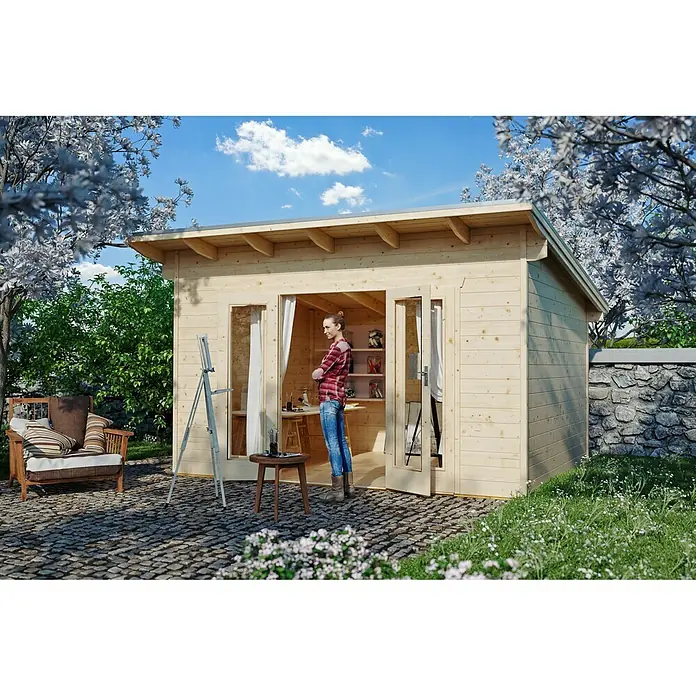 Skan Holz Gartenhaus Ostende - B x T: 440 x 380 cm, Holz, 12 m², Wandstärke: 28 mm, Natur - Stimmungsaufnahme