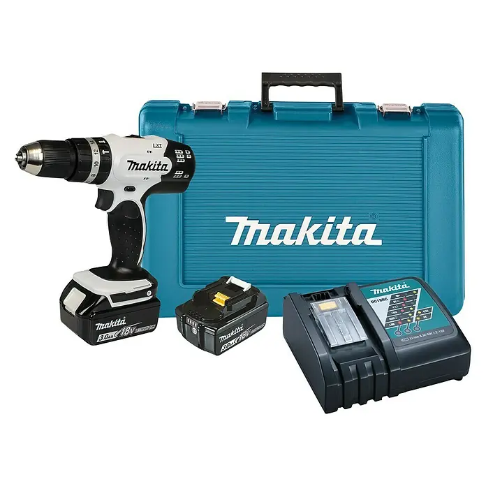 Makita Akku-Schlagbohrschrauber DHP453RFEW - 18 V, 2 Akkus, 3 Ah, Leerlaufdrehzahl: 0 U/min - 1.300 U/min - Diagonale Ansicht