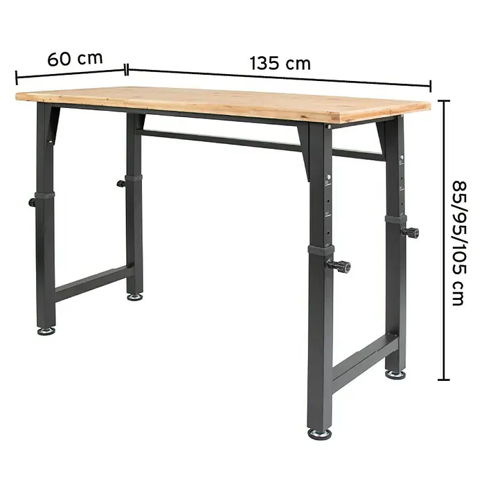 Rikta Werkbank Höhenverstellbar - Maße: (B x T x H): 135 x 60 x 85/95/105 cm, Traglast: 200 kg - Skizze