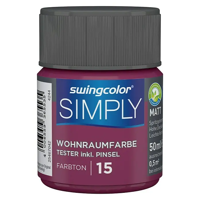 swingcolor Wandfarbe SIMPLY Tester - Rot - Nr. 15, 50 ml, Matt - Vorderansicht