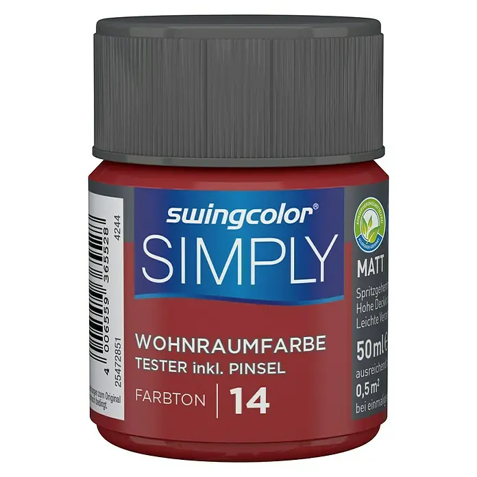 swingcolor Wandfarbe SIMPLY Tester - Rot - Nr. 14, 50 ml, Matt - Vorderansicht