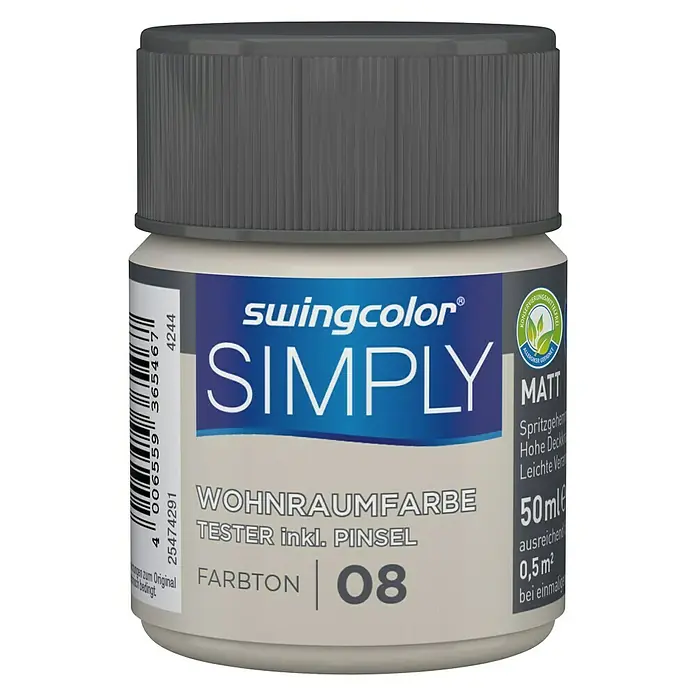 swingcolor Wandfarbe SIMPLY Tester - Greige - Nr. 08, 50 ml, Matt - Vorderansicht