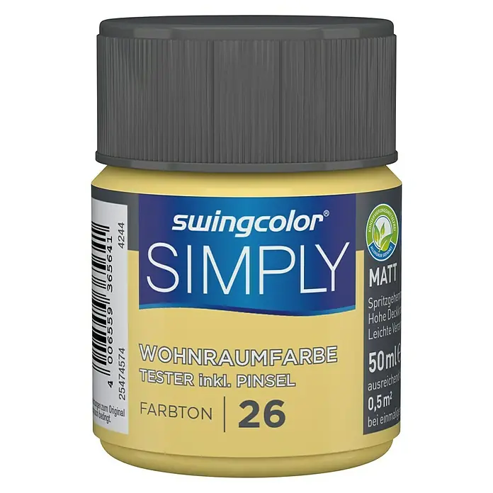 swingcolor Wandfarbe SIMPLY Tester - Gelb - Nr. 26, 50 ml, Matt - Vorderansicht
