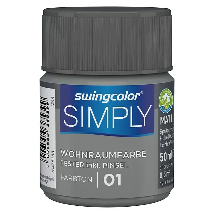 swingcolor Wandfarbe SIMPLY Tester - Grau - Nr. 01, 50 ml, Matt - Vorderansicht