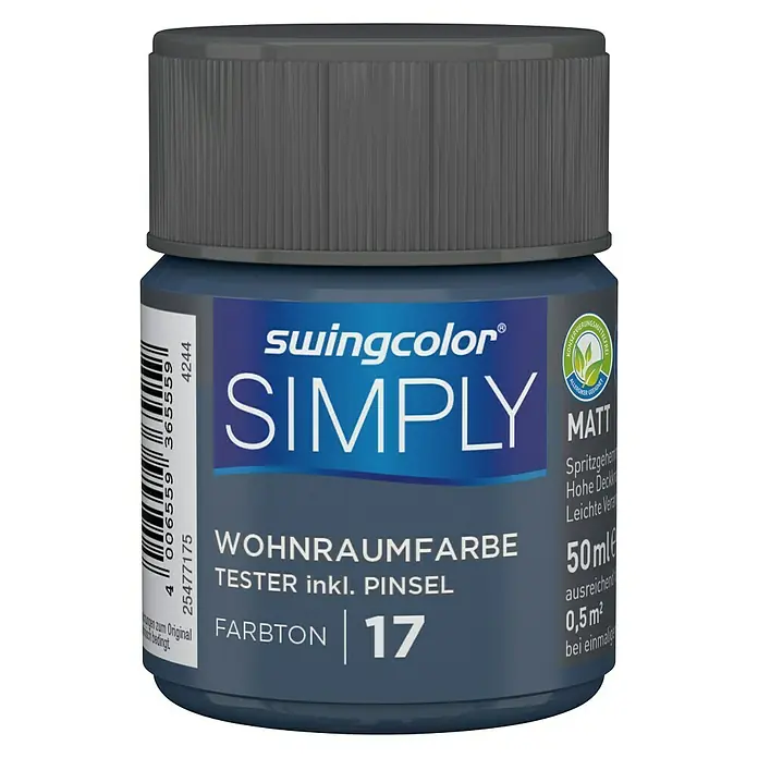 swingcolor Wandfarbe SIMPLY Tester - Blau - Nr. 17, 50 ml, Matt - Vorderansicht