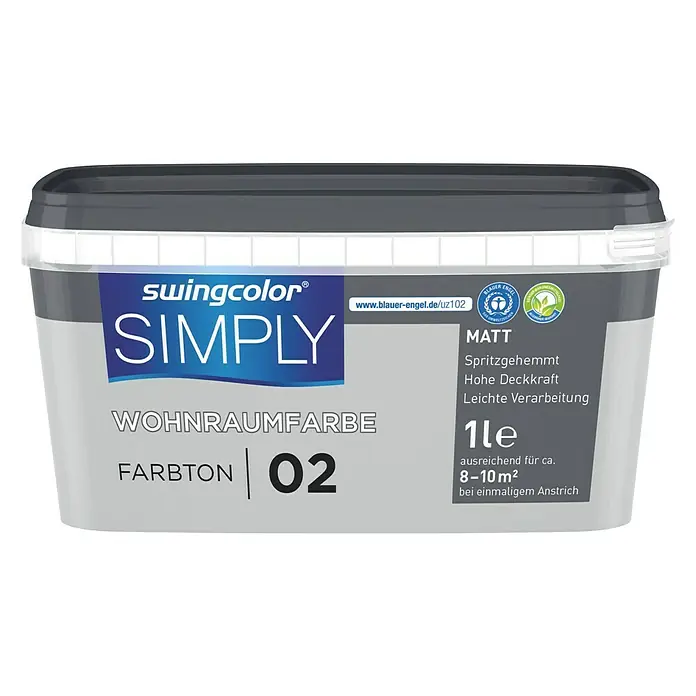swingcolor Wandfarbe SIMPLY Grau - Grau - Nr. 02, 1 l, Matt - Vorderansicht