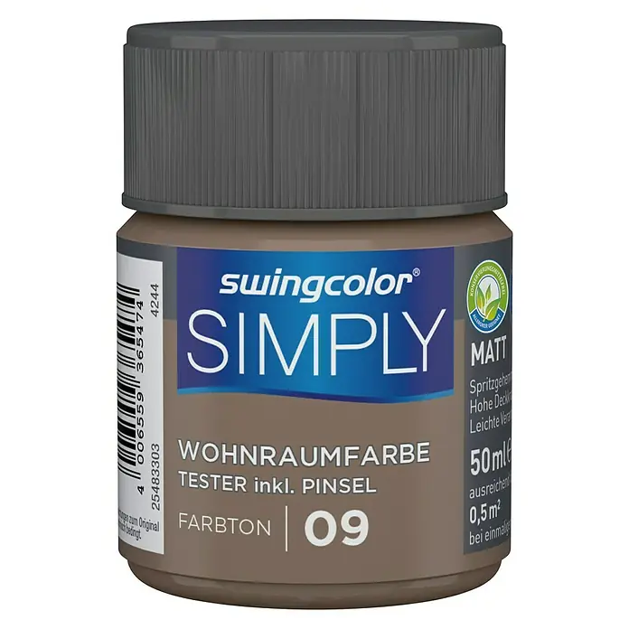 swingcolor Wandfarbe SIMPLY Tester - Braun - Nr. 09, 50 ml, Matt - Vorderansicht