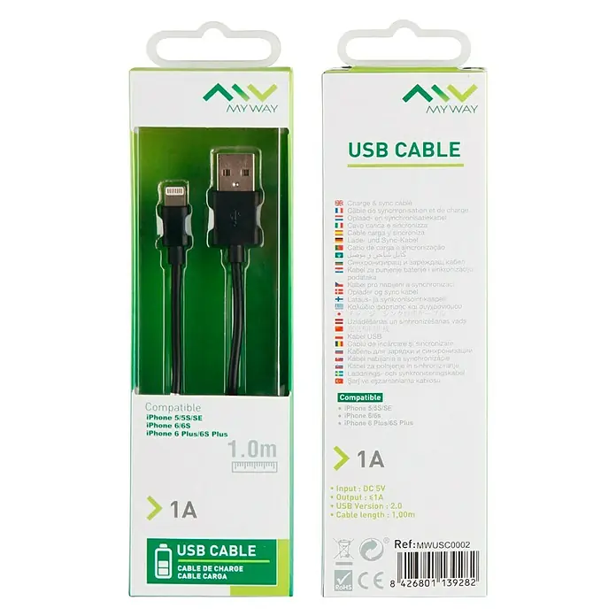 Cable de carga USB Lightning - Negro, Clavija USB A, clavija USB B - Vista frontal