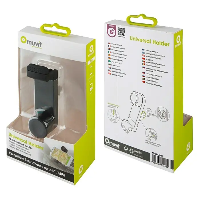 Muvit Soporte para teléfono móvil universal - Plástico, Negro - Vista angular