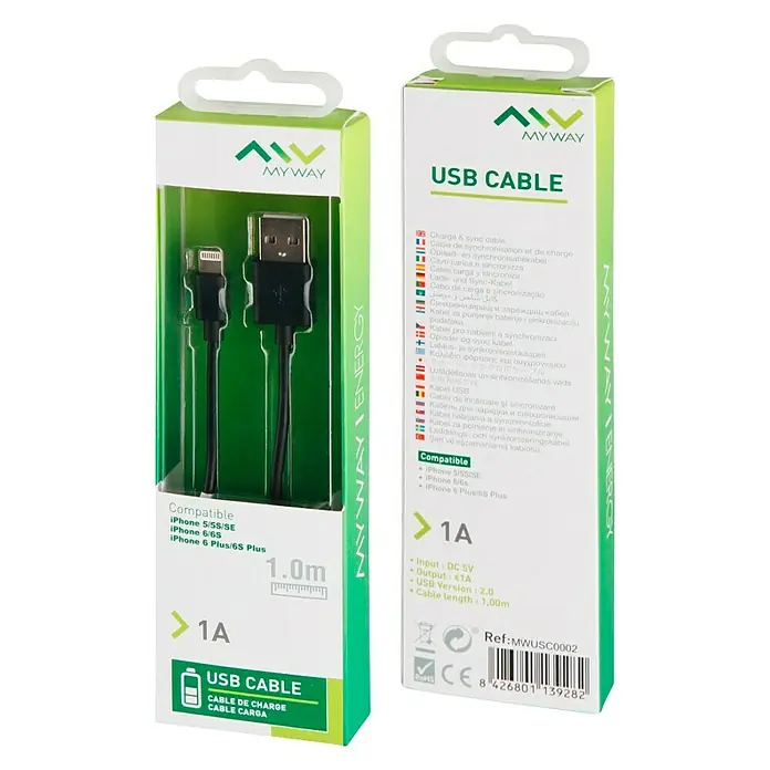 Cable de carga USB Lightning - Negro, Clavija USB A, clavija USB B - Vista frontal