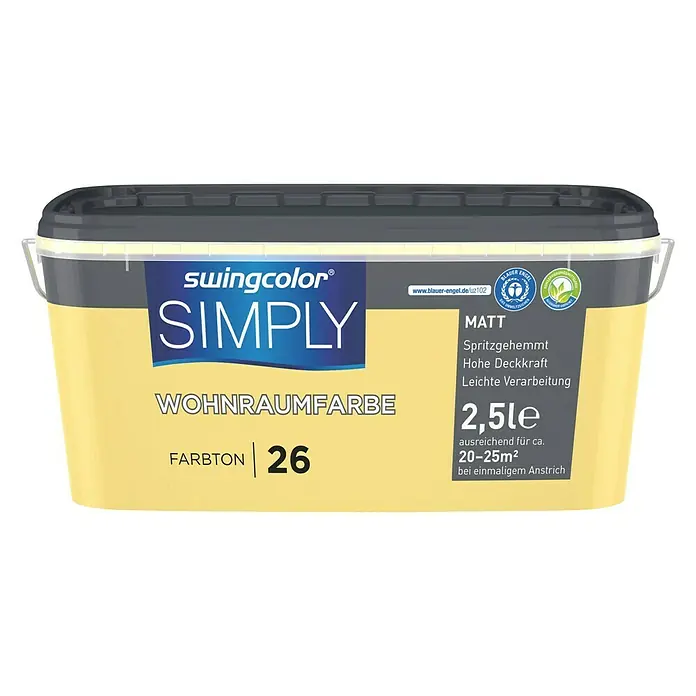 swingcolor Wandfarbe SIMPLY Gelb - Gelb - Nr. 26, 2,5 l, Matt - Vorderansicht