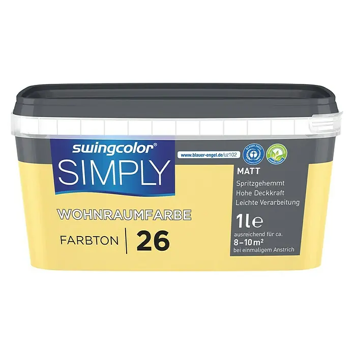 swingcolor Wandfarbe SIMPLY Gelb - Gelb - Nr. 26, 1 l, Matt - Vorderansicht