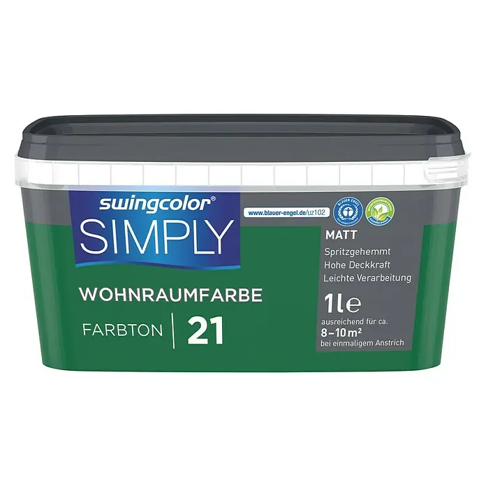 swingcolor Wandfarbe SIMPLY Grün - Grün - Nr. 21, 1 l, Matt - Vorderansicht