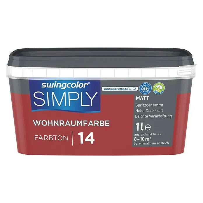 swingcolor Wandfarbe SIMPLY Rot - Rot - Nr. 14, 1 l, Matt - Vorderansicht