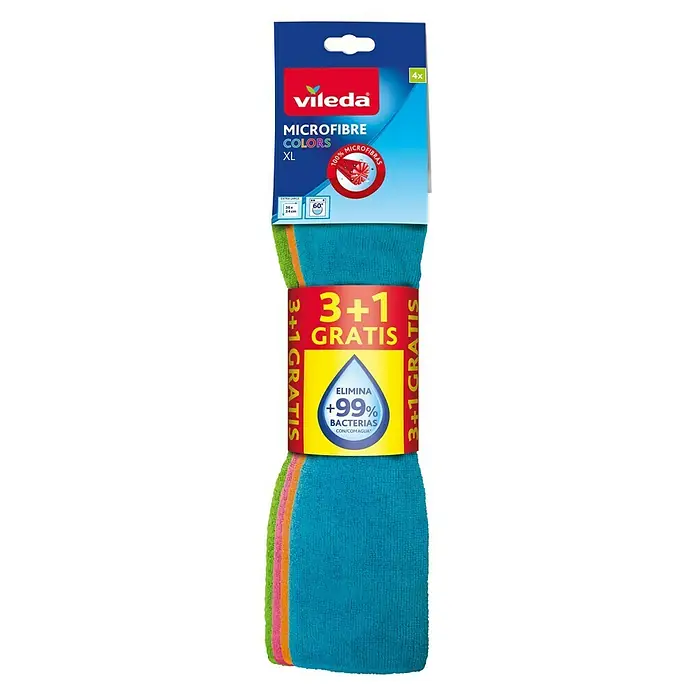 Vileda Mikrofasertücher - 4 Stk., Mikrofaser, Bunt, Grün, Rosa, Gelb, Blau - Vorderansicht