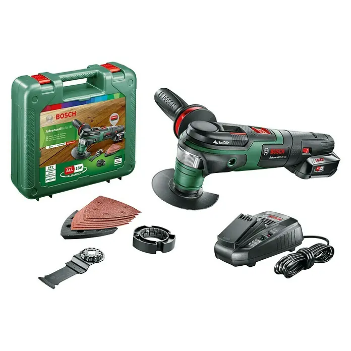 Bosch 18 V Power for All Akku-Multifunktionswerkzeug Advanced Multi18 - 18 V, 1 Akku, 2,5 Ah, Leerlaufdrehzahl: 10.000 U/min - 20.000 U/min - Diagonale Ansicht