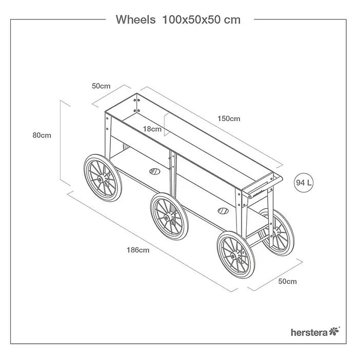 Herstera_Garden Kräuterhochbeet Wheels - L x B x H: 186 x 50 x 80 cm, Schwarz - Skizze