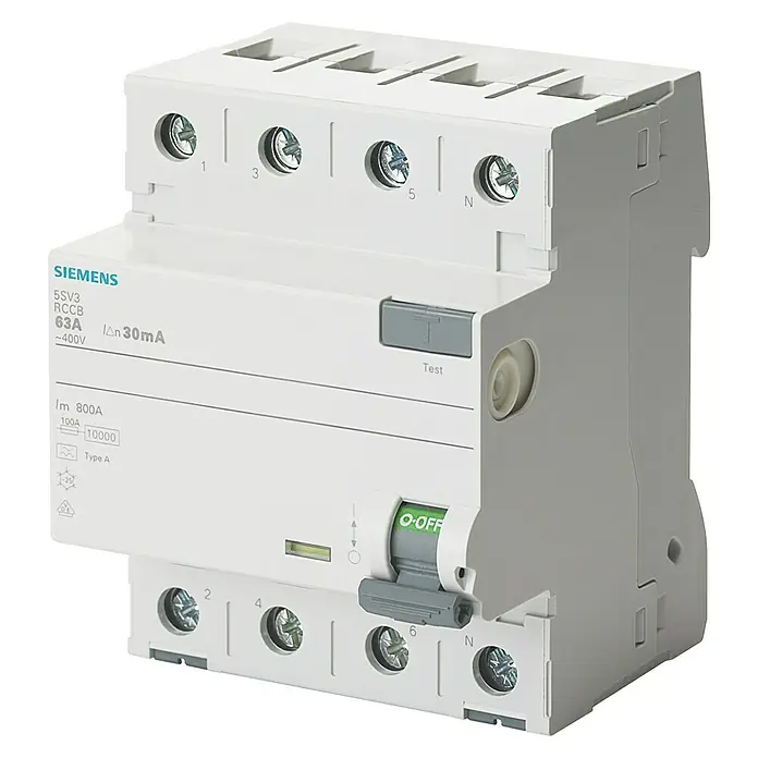 Siemens FI-Schutzschalter 5SV3344-6LA01 - 40 A, 4-polig, Bemessungsfehlerstrom: 30 mA - Diagonale Ansicht