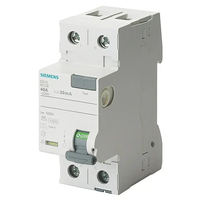 Siemens FI-Schutzschalter 5SV3314-6LA - 40 A, 2-polig, Bemessungsfehlerstrom: 30 mA - Diagonale Ansicht