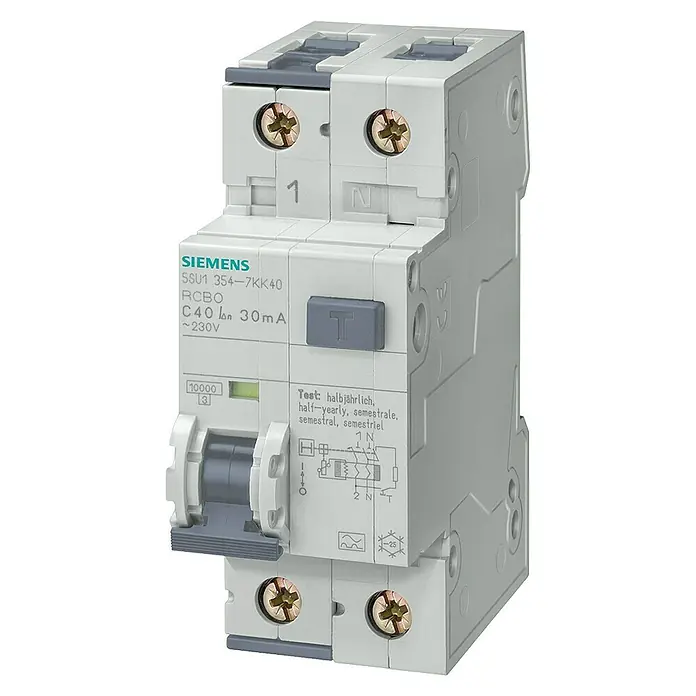 Siemens FI- & Leitungsschutzschalter - Auslösecharakteristik: C, Bemessungsfehlerstrom: 30 mA, 16 A, 1-polig + Nullleiter - Diagonale Ansicht