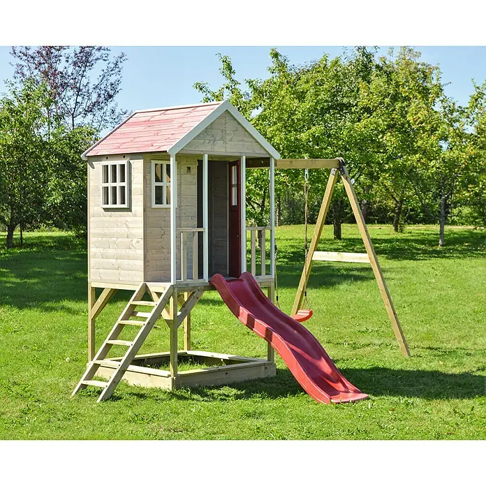 Wendi Toys Spielhaus Alpaka - 290 x 350 cm, Holz, Natur/Rot - Stimmungsaufnahme