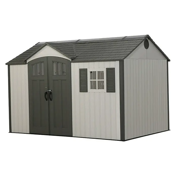 Lifetime Gerätehaus Texas - 381 cm, 244 cm, Kunststoff, Lichtgrau - Diagonale Ansicht