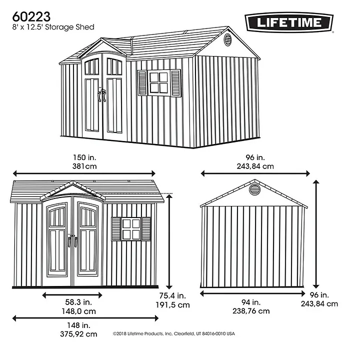 Lifetime Gerätehaus Texas - 381 cm, 244 cm, Kunststoff, Lichtgrau - Skizze
